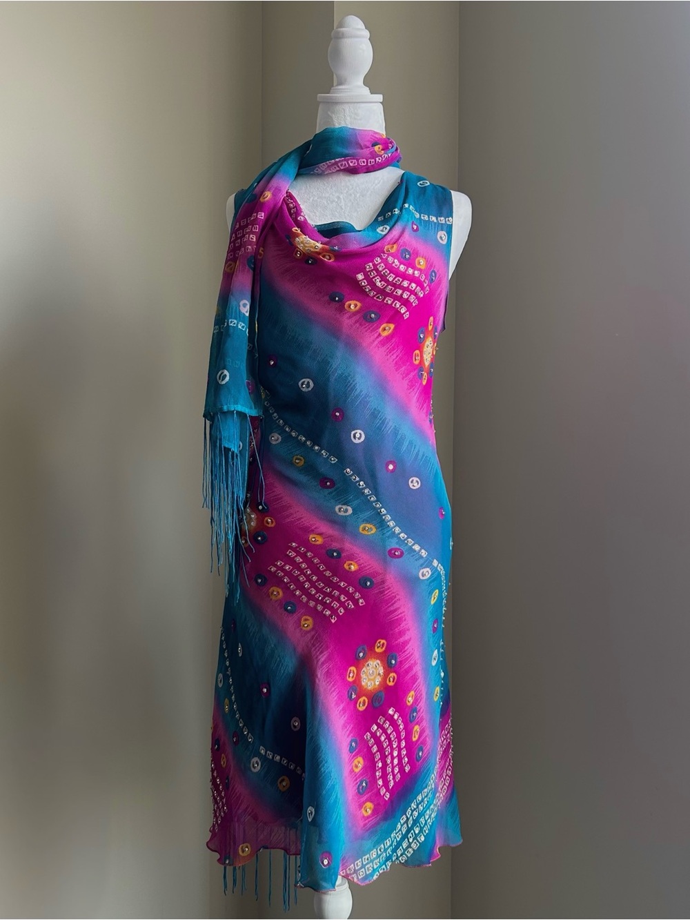 1990's Vibrant Teal and Fuchsia Sequined Midi Dress with Matching Scarf